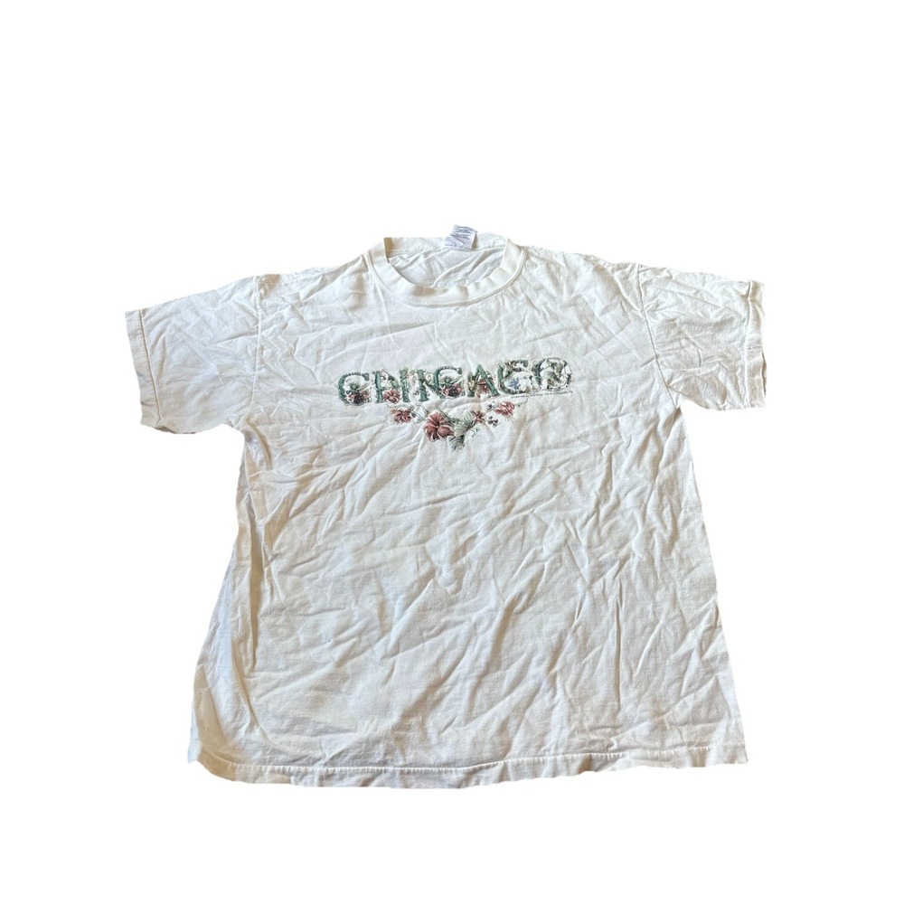 Vintage 80s Chicago Vacation Souvenir T Shirt White Floral Large Single Stitch